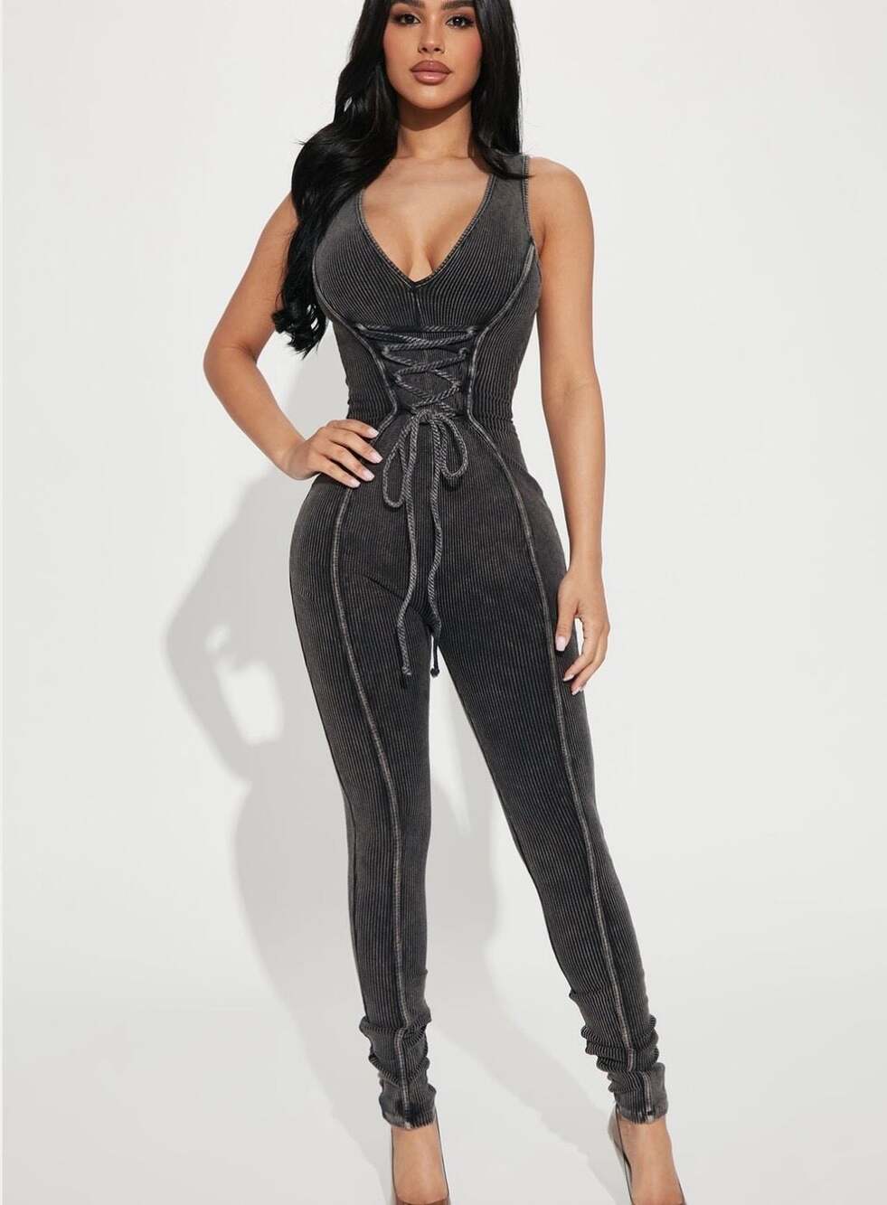 Fashion Nova Cassidy Mineral Wash Ribbed Lace-Up Jumpsuit
